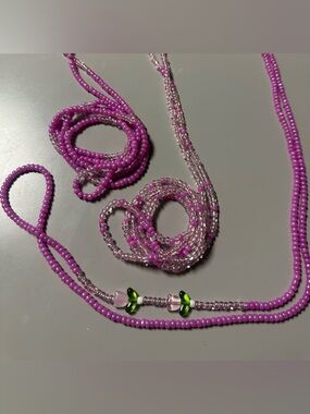 3 Pcs 41 inch Handmade Waist Bead Set with Pink with Green Accent